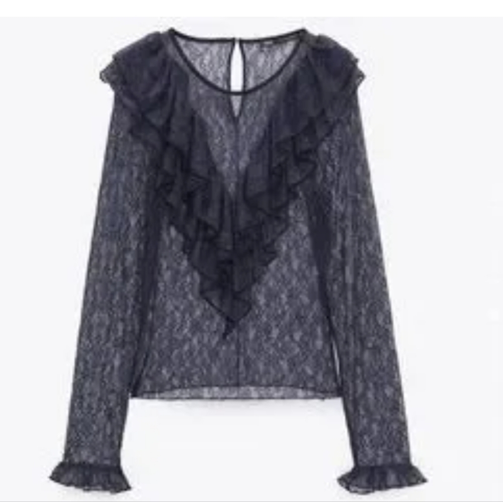 NEW! ZARA Navy Long Sleeve Lace Ruffle Blouse Top Medium.